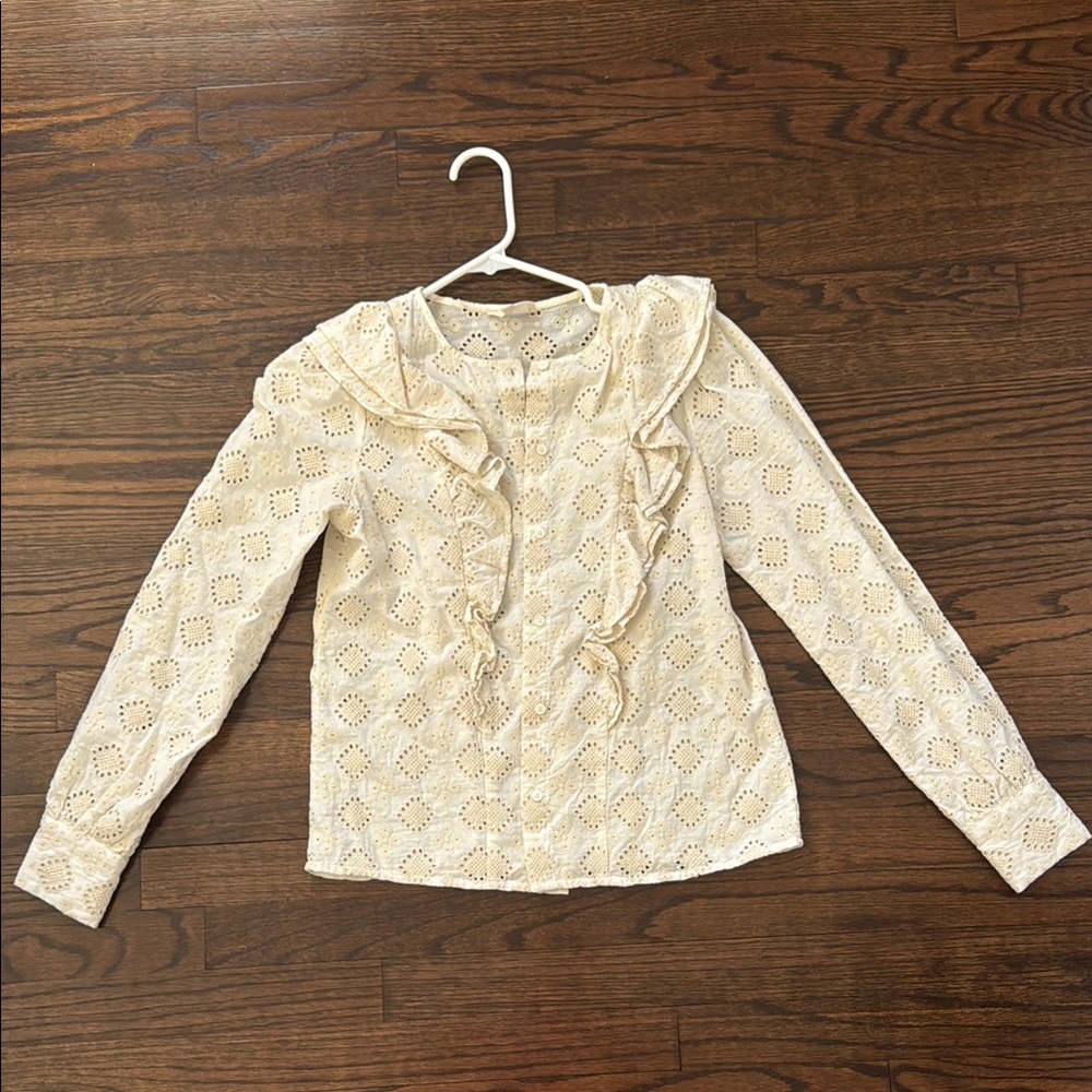 Sezane Cream Button Down Shirt with Ruffles